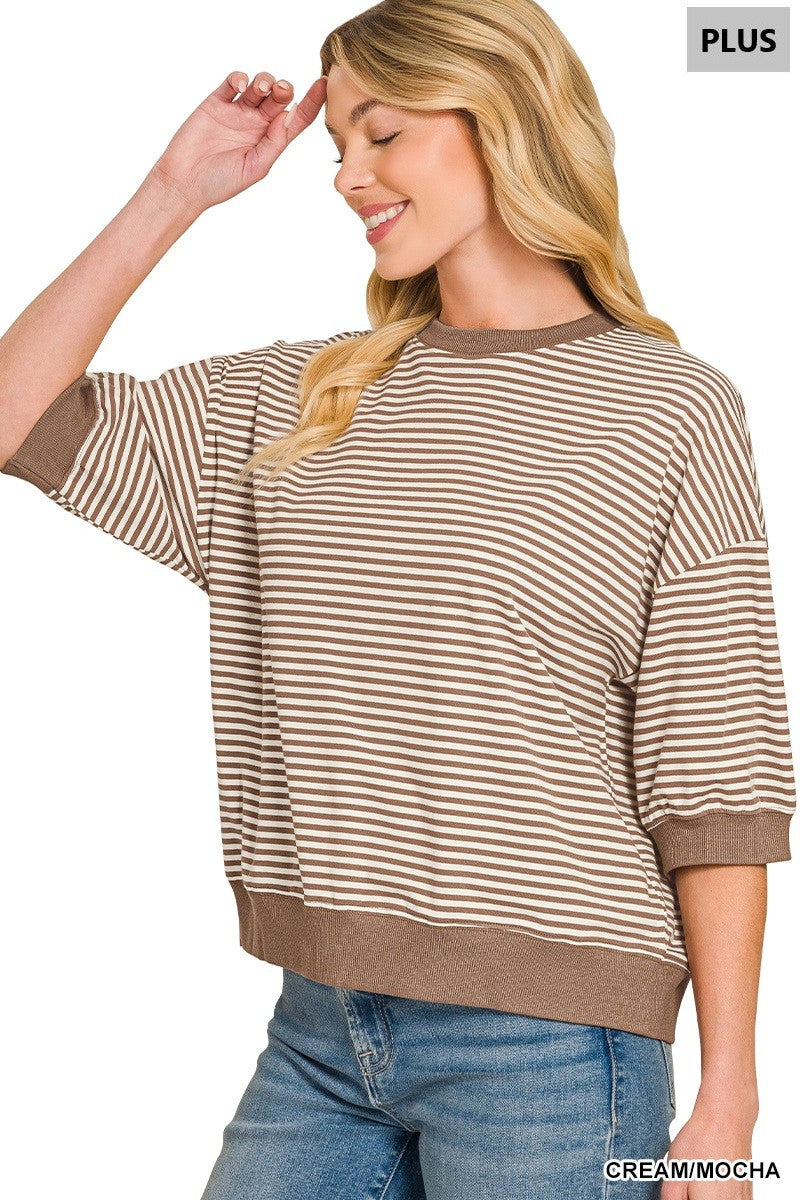 Plus Striped Contrast Trim Top By Zenana