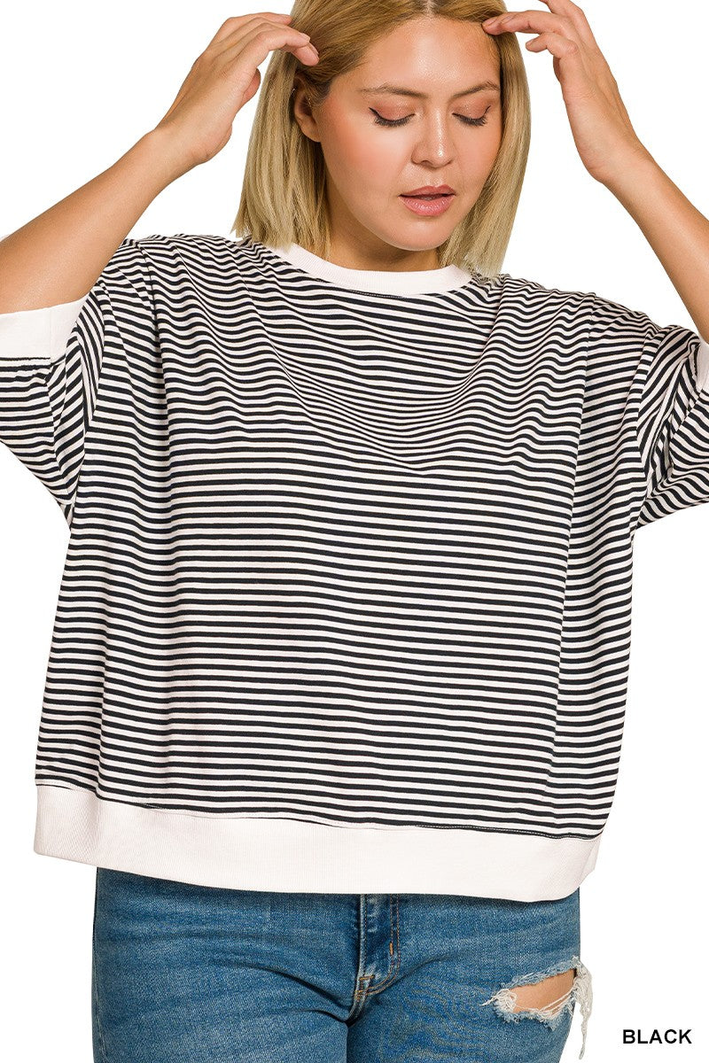 Plus Striped Contrast Trim Top By Zenana