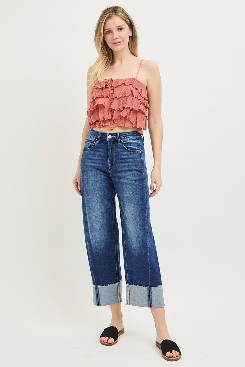 Dark wash women's barrel leg jeans with relaxed fit