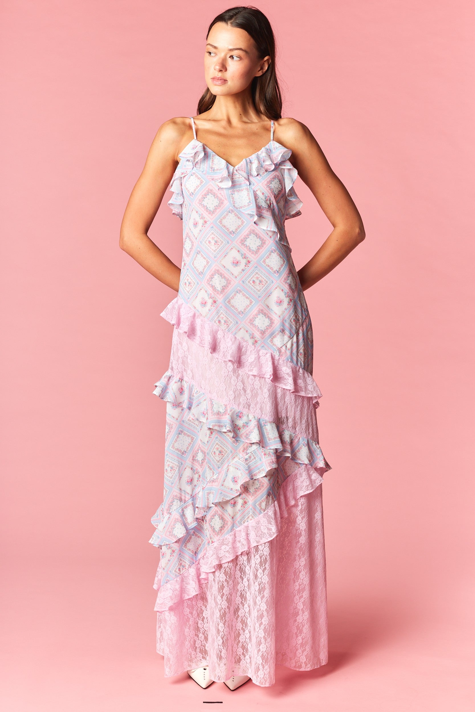 pastel floral ruffle maxi dress front view