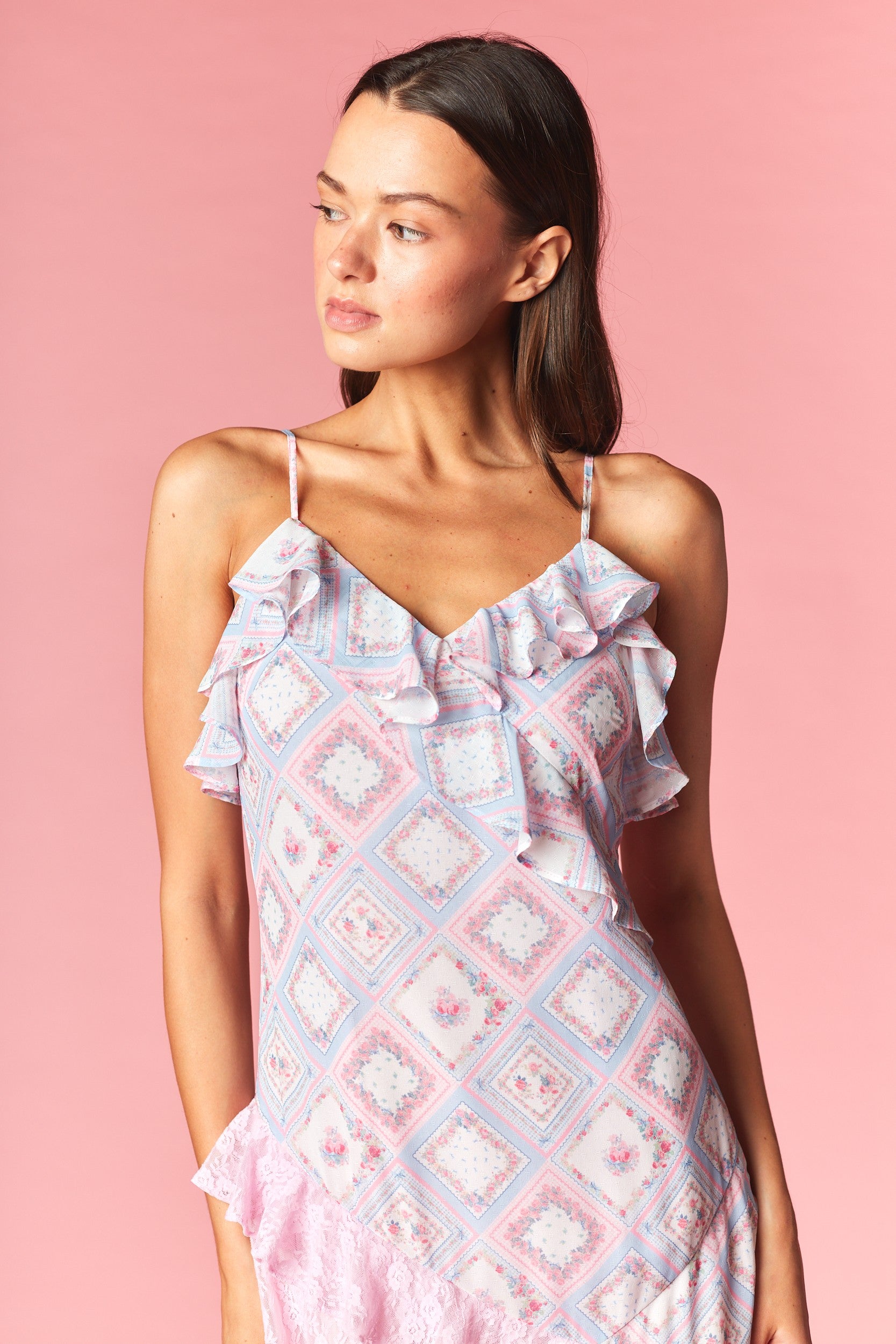 flowy floral maxi dress with ruffles