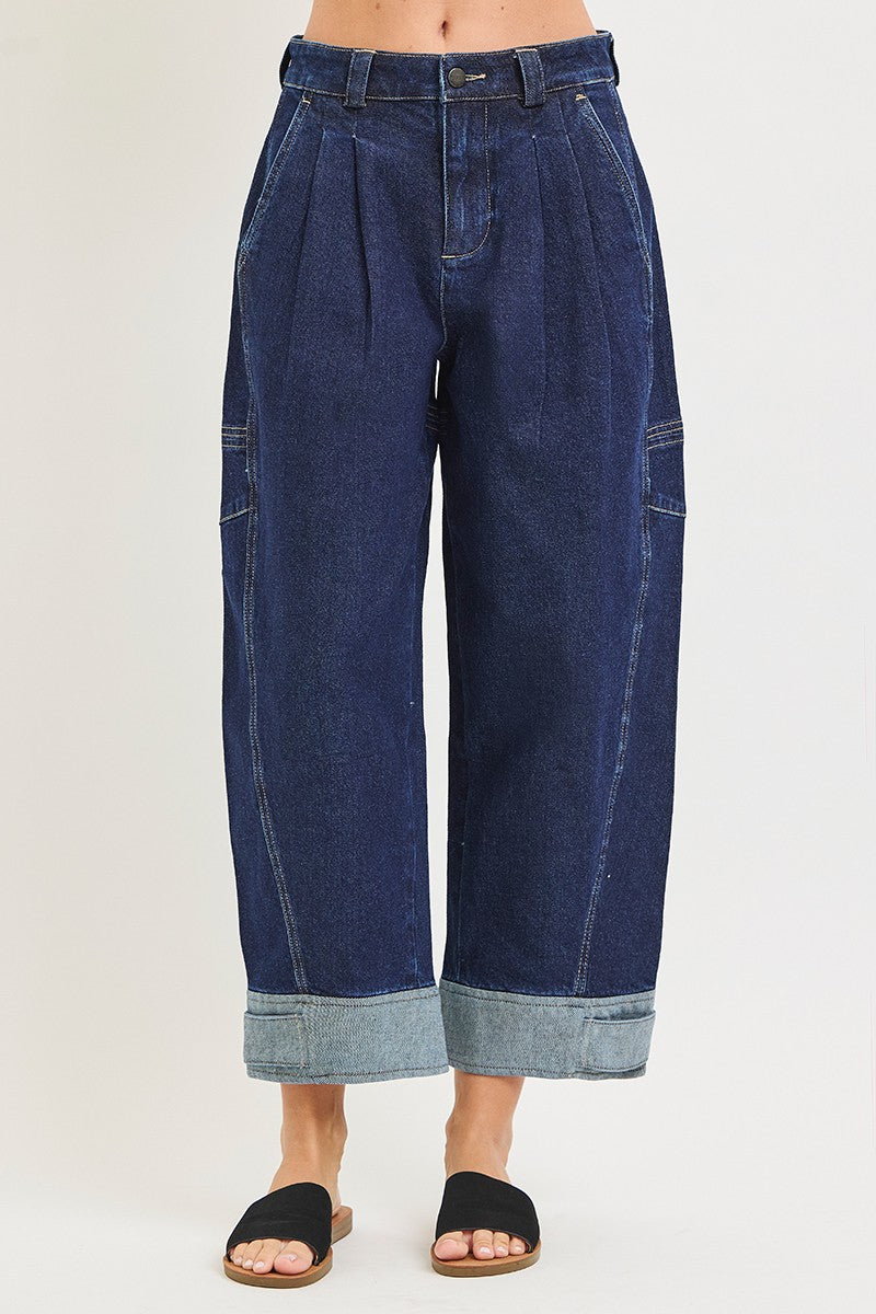 Women’s plus size slouchy crop barrel jeans with a relaxed barrel leg silhouette and cuffed hem.