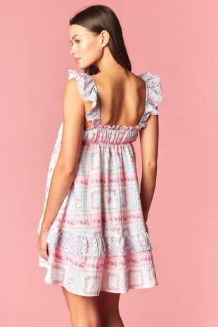 Women’s pink patchwork mini dress tiered ruffle him and heart pockets with lace