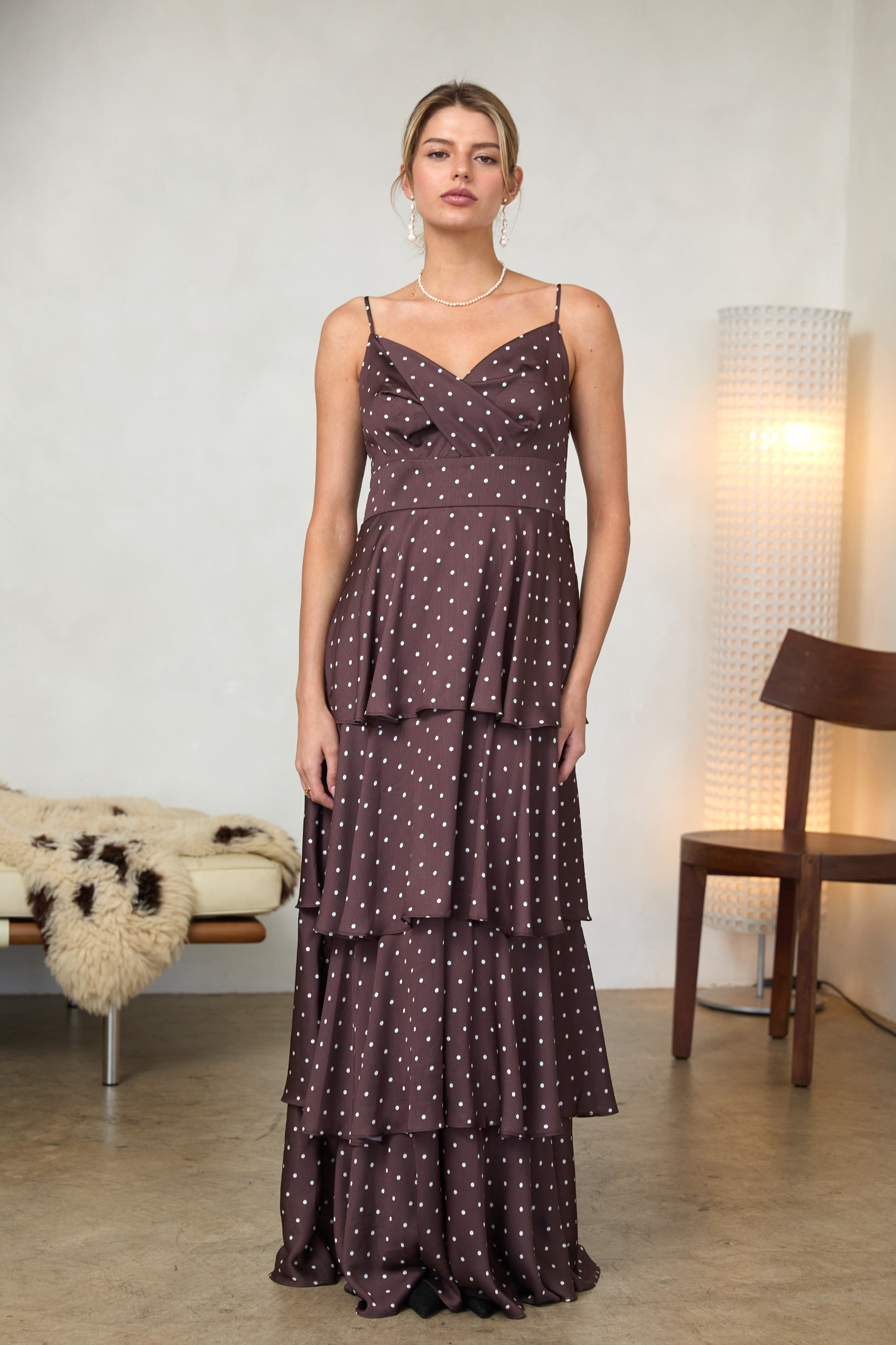 Chocolate brown ruffle maxi dress with white polka dots 