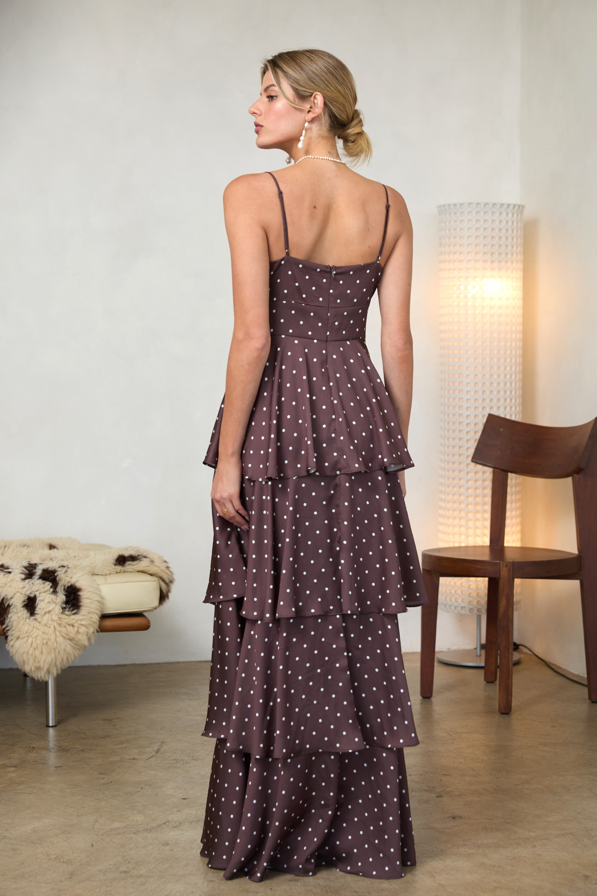 Spaghetti strap brown ruffle polka dot maxi dress for women
