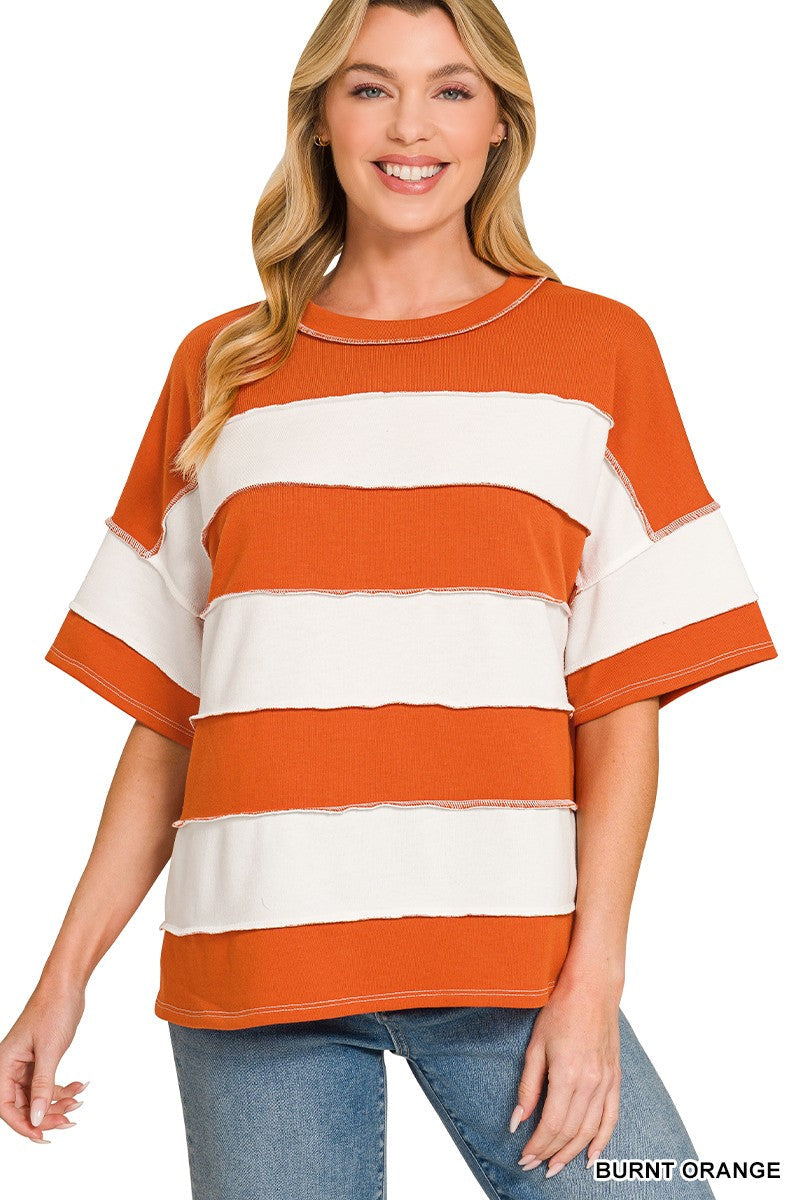 Changing Seasons Stripe Top by Zenana in burnt orange and ivory stripes with wide short sleeves