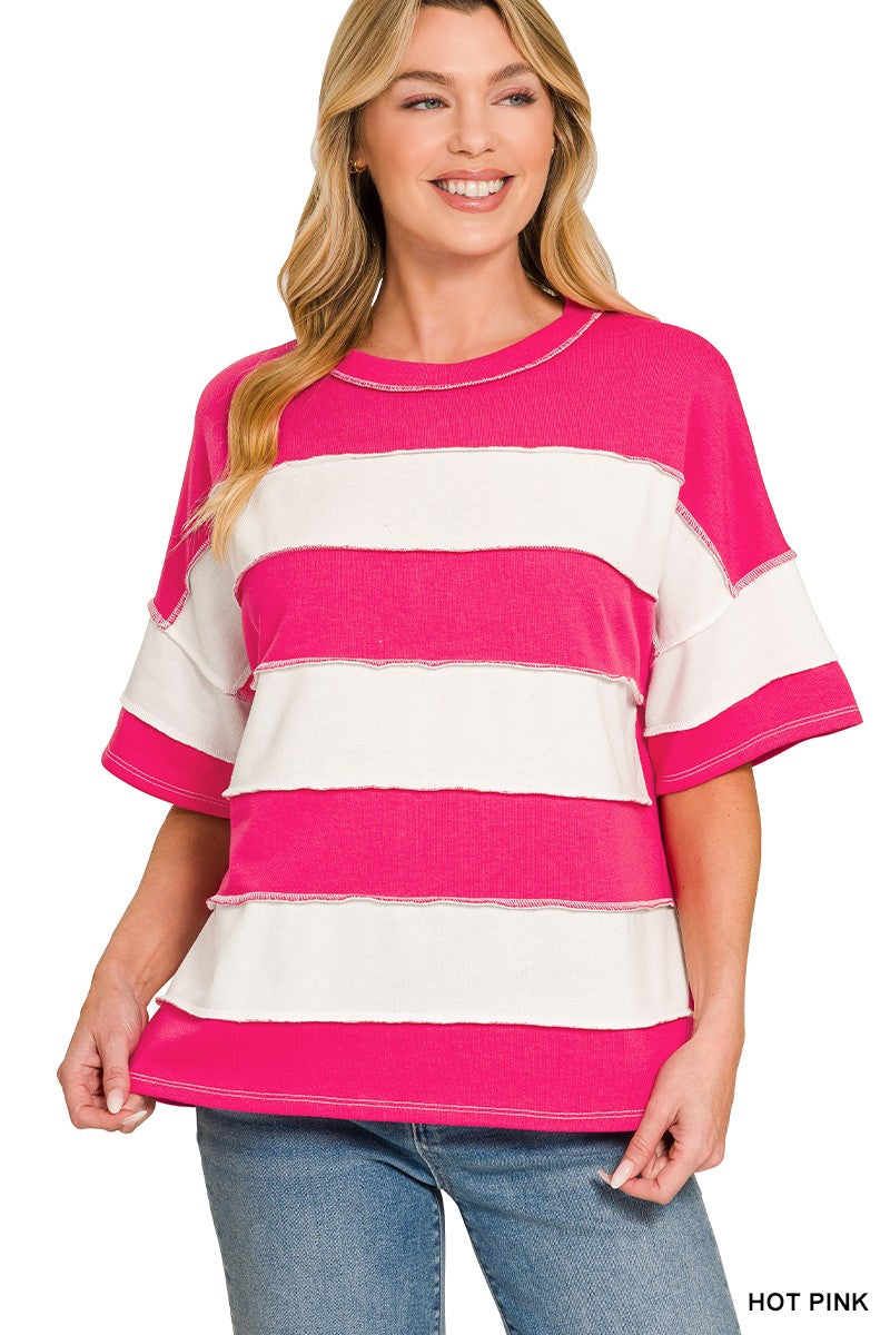 Changing Seasons Stripe Top by Zenana in hot pink and ivory stripes featuring a relaxed oversized silhouette