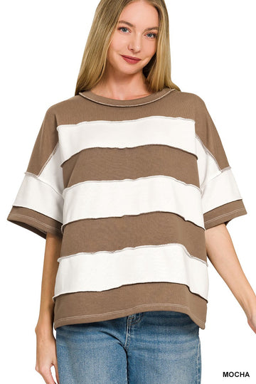 Changing Seasons Stripe Top by Zenana in mocha and ivory stripes with an oversized relaxed fit