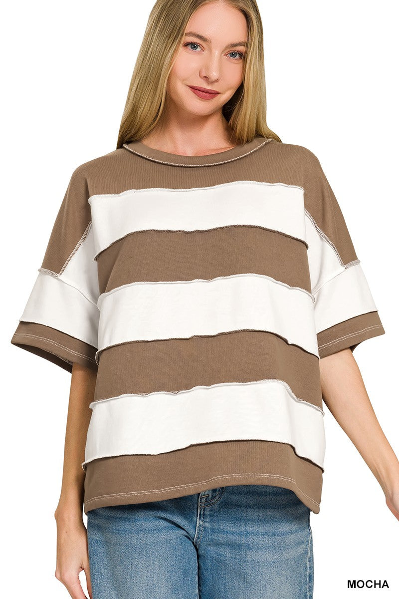 Changing Seasons Stripe Top by Zenana in mocha and ivory stripes with an oversized relaxed fit