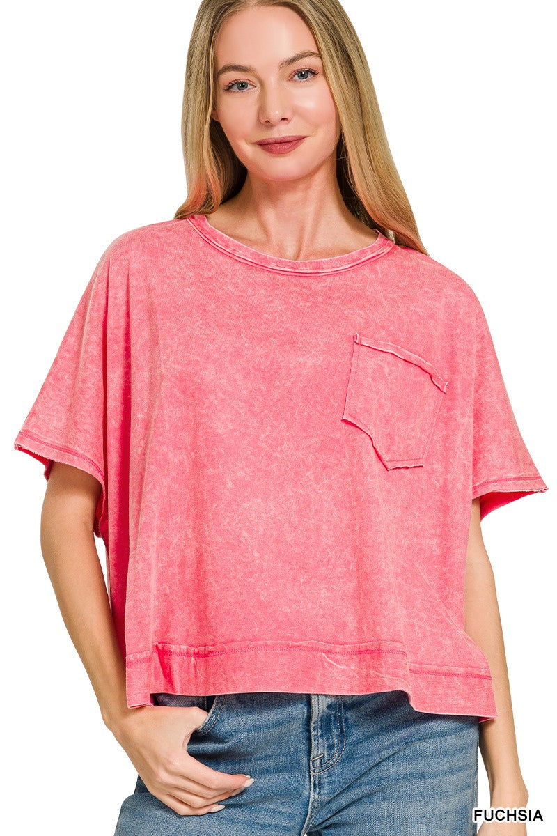 Women's fuchsia acid washed oversized cotton tee with raw edge details and chest pocket.