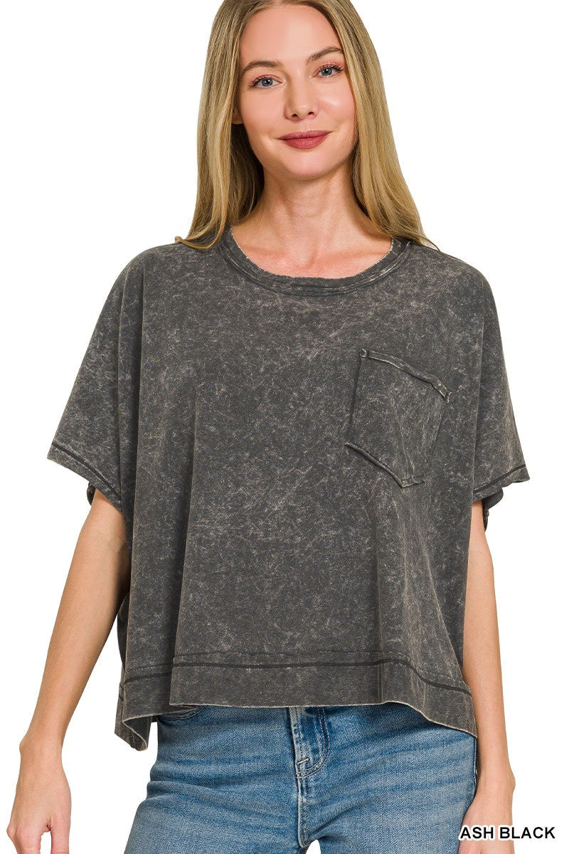 Women's ash black acid washed oversized cotton tee with raw edge details and front chest pocket