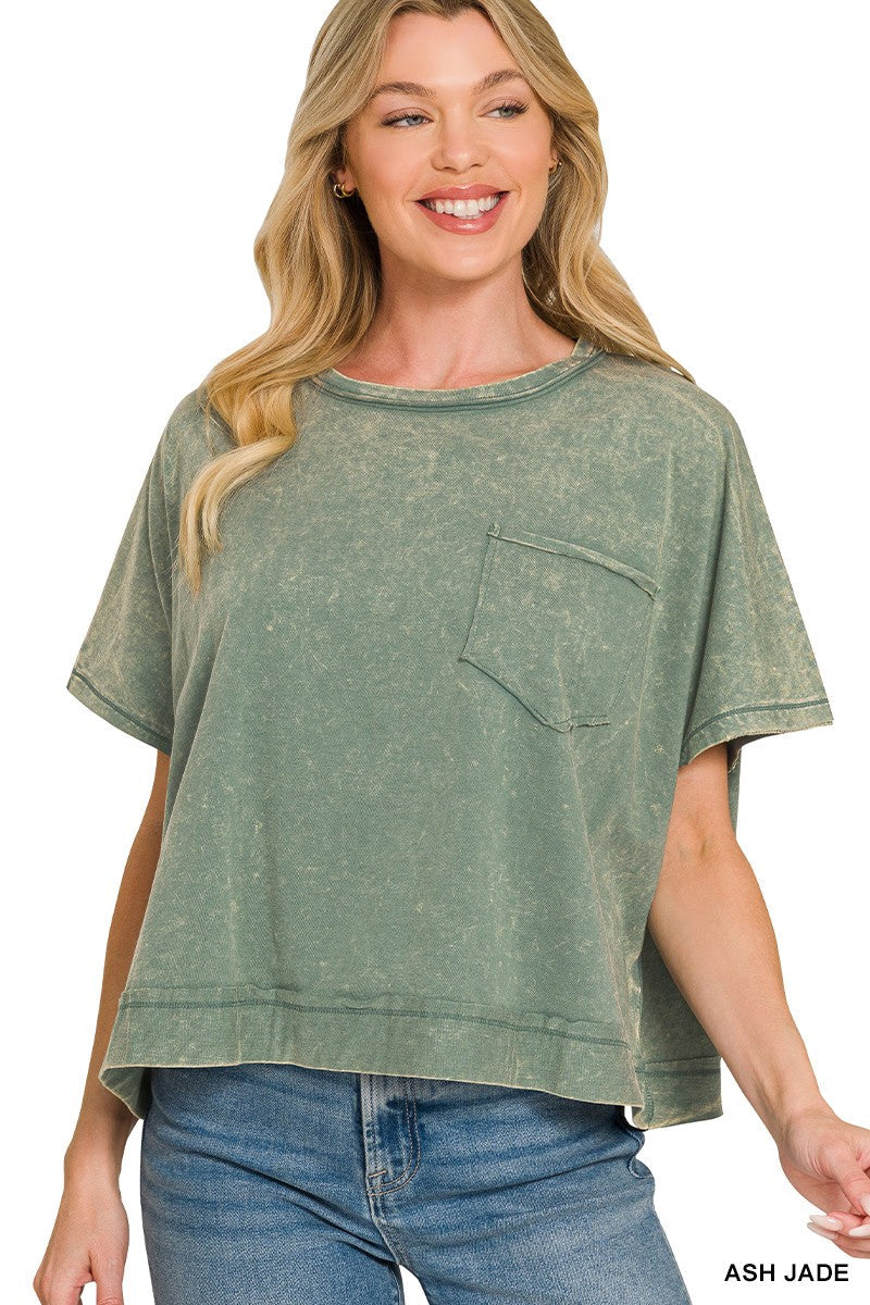 Women's ash jade acid washed oversized cotton tee with raw edge detailing and front pocket.