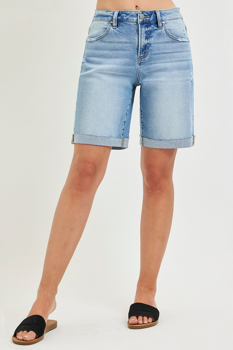 RISEN slouchy high rise bermuda denim shorts with rolled cuff hem in light wash denim