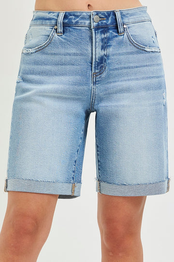 RISEN slouchy high rise bermuda denim shorts with rolled cuff hem in light wash denim
