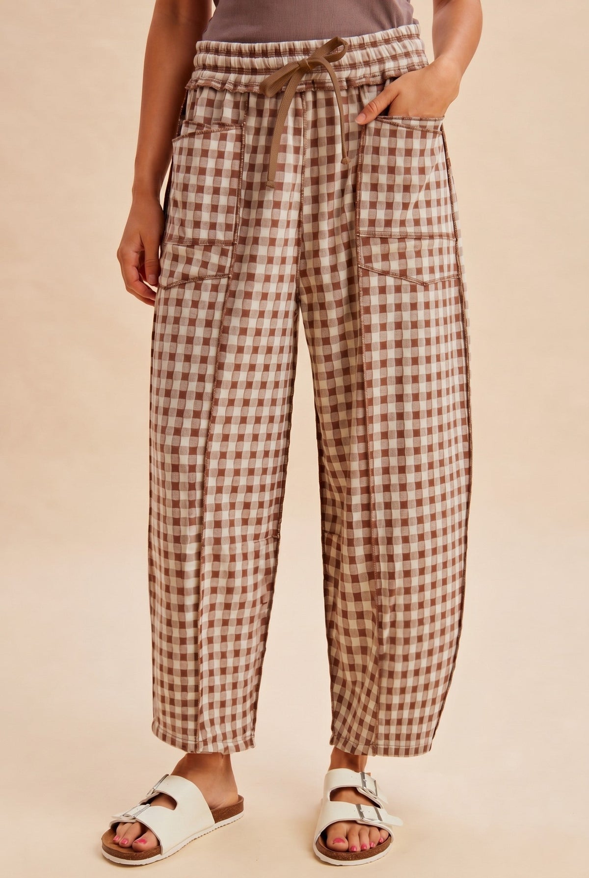 Cocoa Check Comfort Barrel Pants By AnnieWear