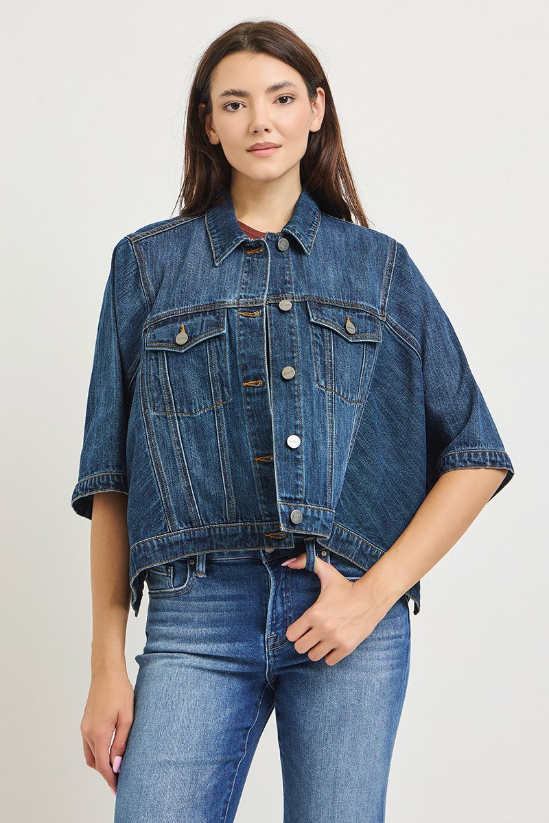  Boutique oversized cropped denim jacket in dark blue, perfect for layering year-round.