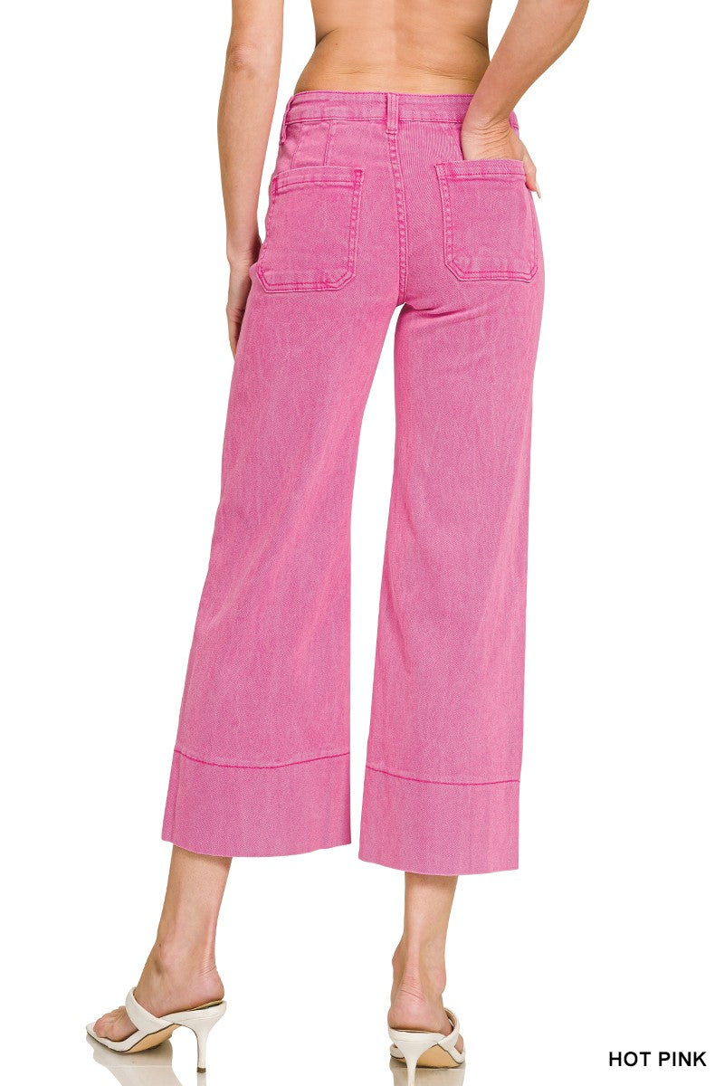 Mid Rise Wide Leg Cropped Color Denim Pants