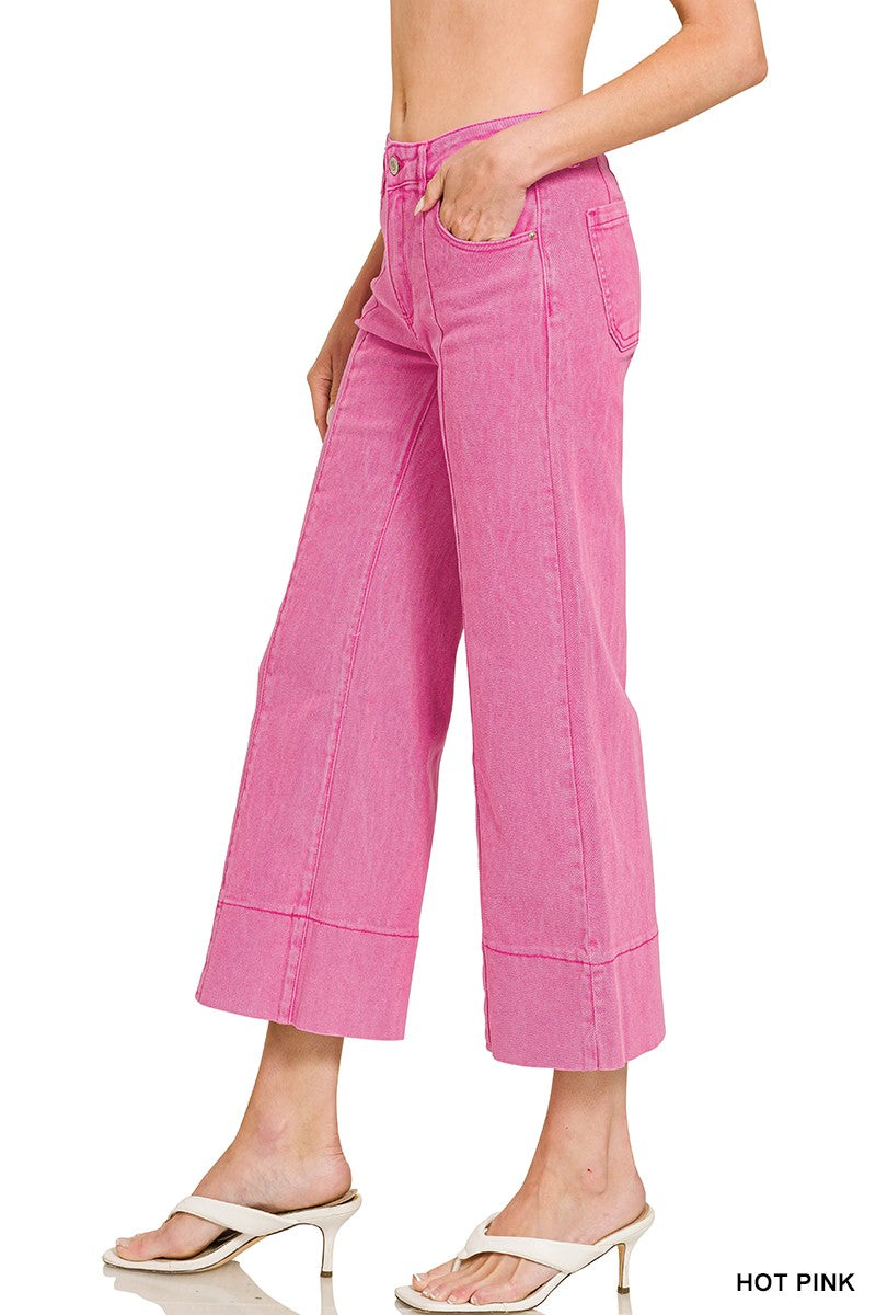 Mid Rise Wide Leg Cropped Color Denim Pants