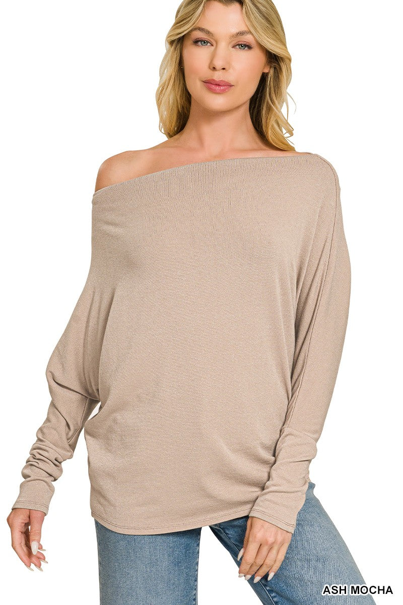 Women's ash mocha hacci boat neck top with dolman sleeves and a relaxed oversized fit 
