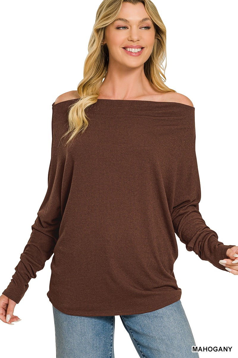 Women's mahogany hacci boat neck top with relaxed dolman sleeves and a soft brushed knit fabric
