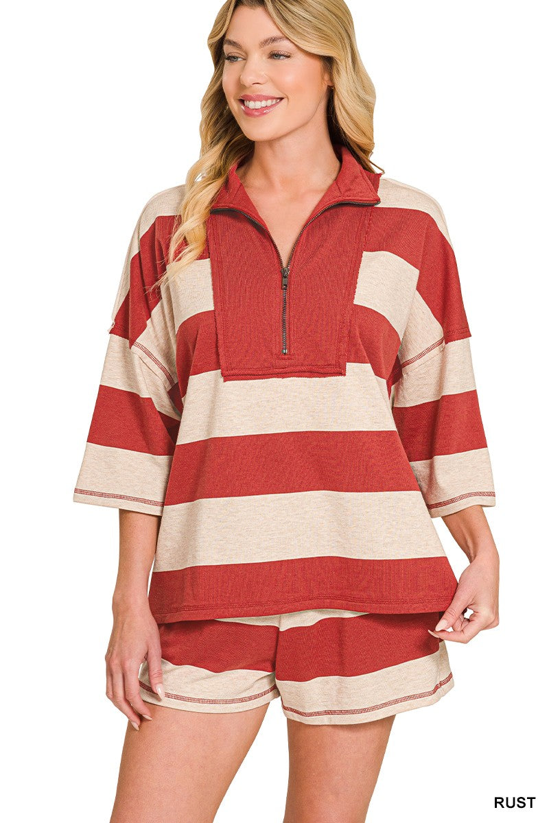 Striped Half Zip High Neck Top & Shorts Set