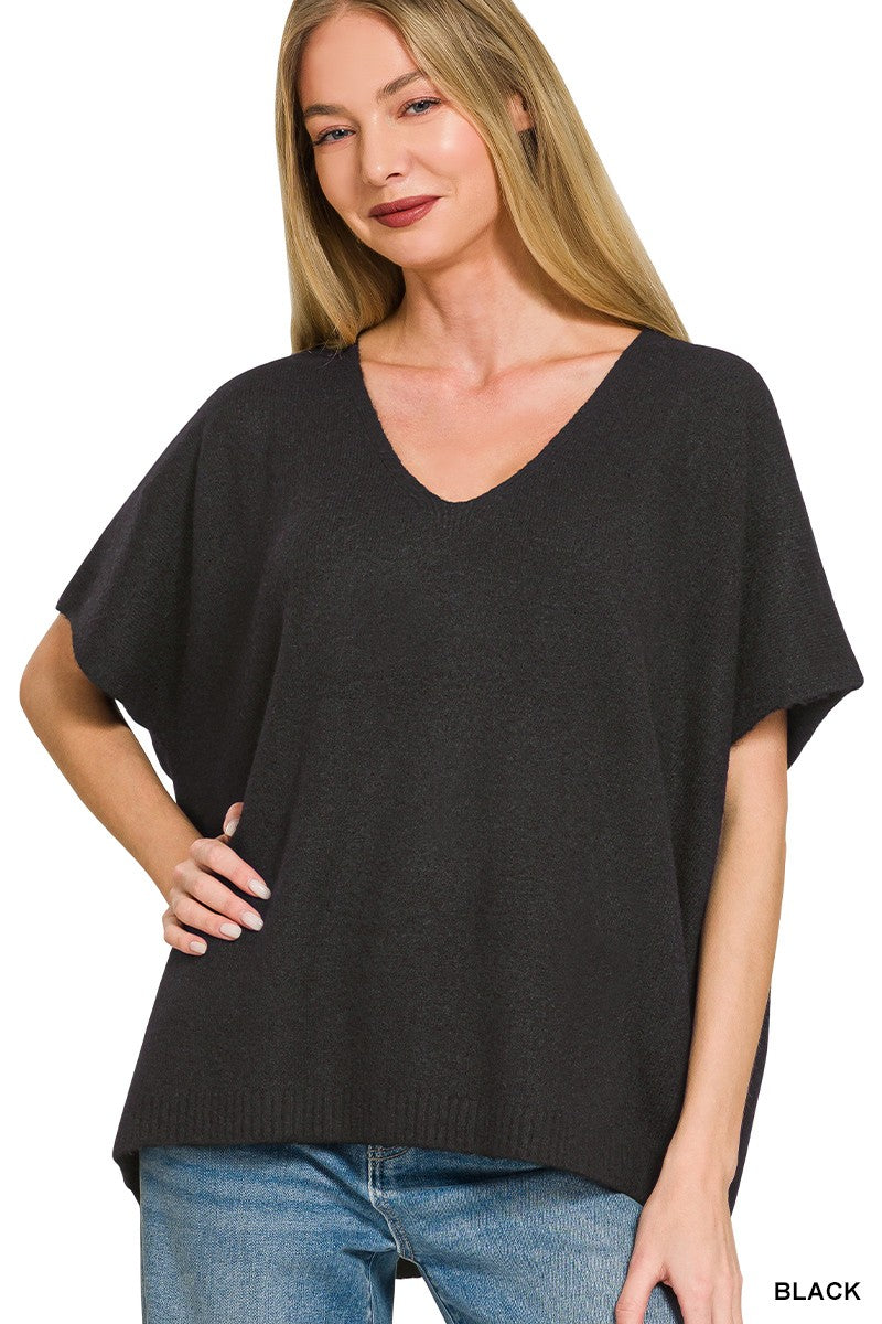 Women's black lightweight V-neck sweater tee with short dolman sleeves and a relaxed oversized fit.