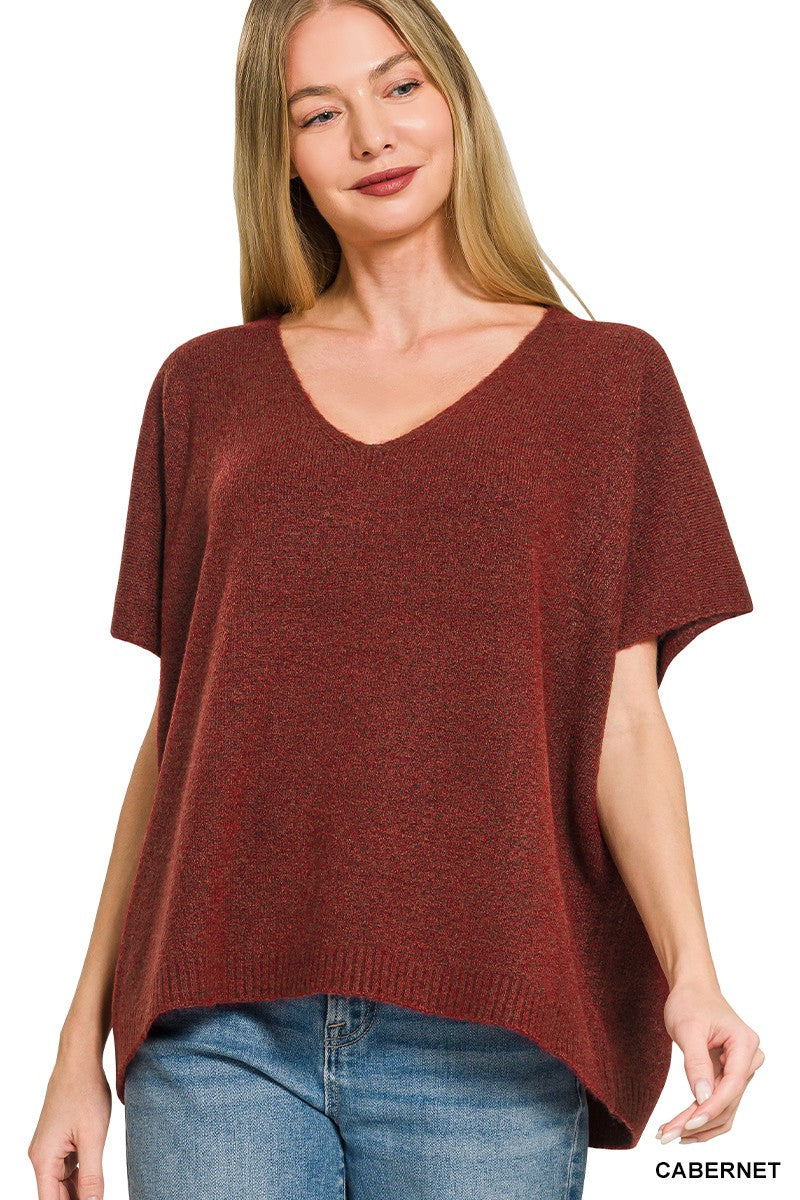 Women's cabernet V-neck sweater tee with a relaxed oversized silhouette and lightweight knit fabric.