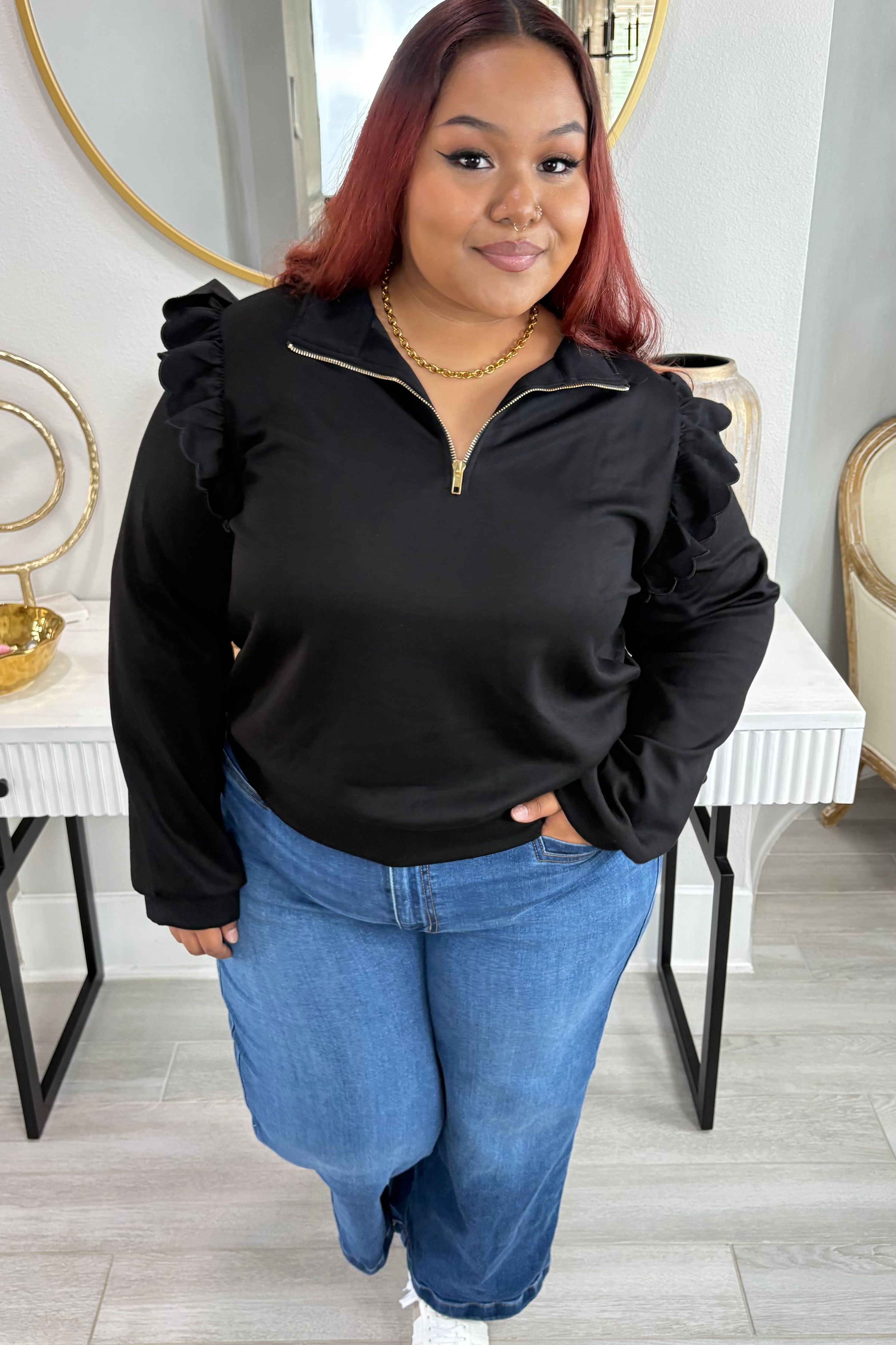 Plus Size Luxeknit Ruffle Shoulder Quarter-Zip Pullover By Umgee