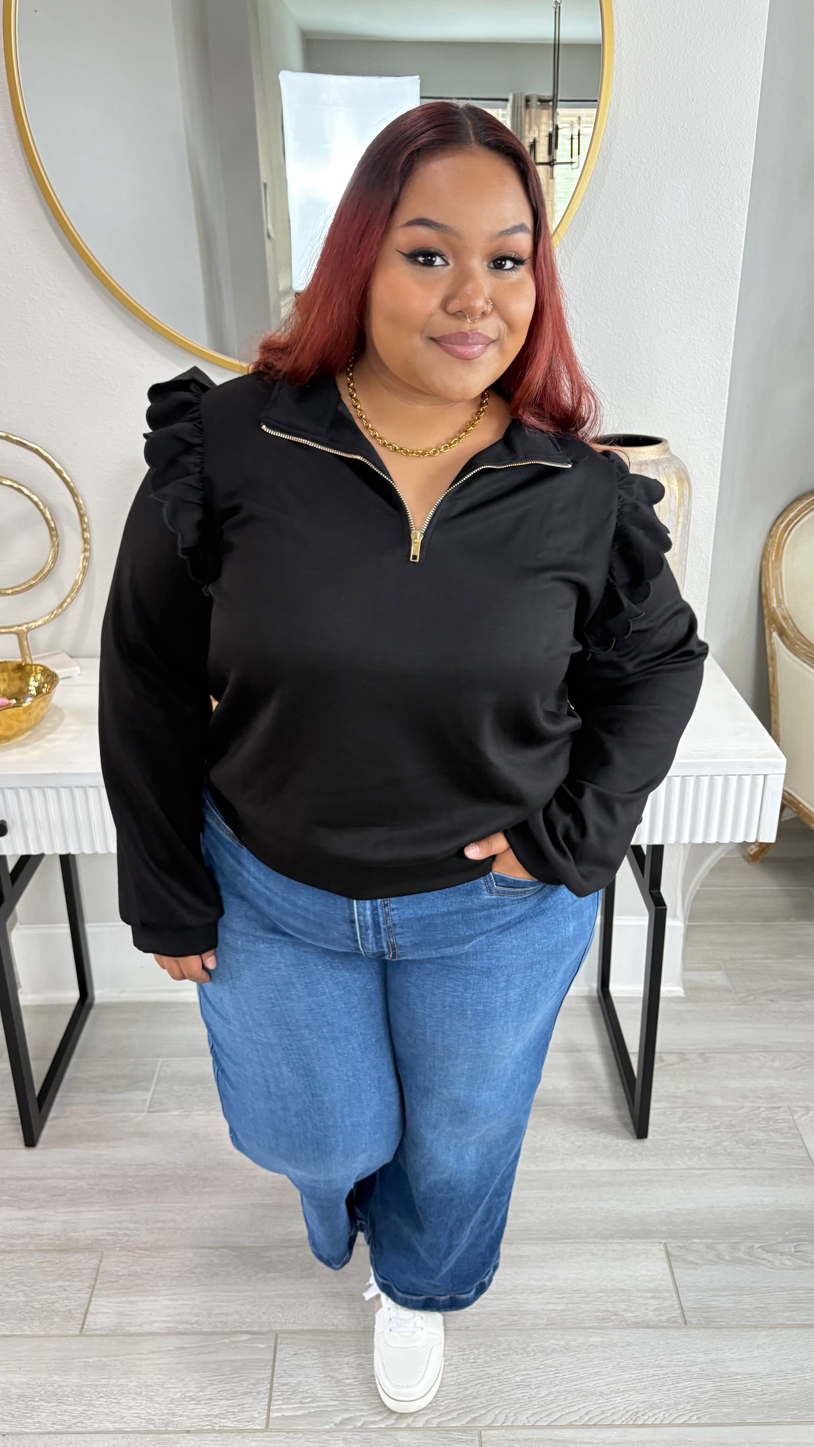 Plus Size Luxeknit Ruffle Shoulder Quarter-Zip Pullover By Umgee