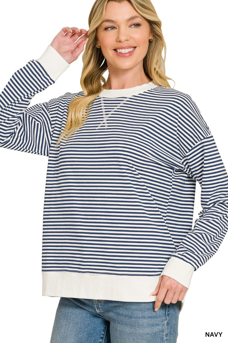 Striped Rib Banded Pullover by Zenana in blue with ribbed striped knit and banded hem