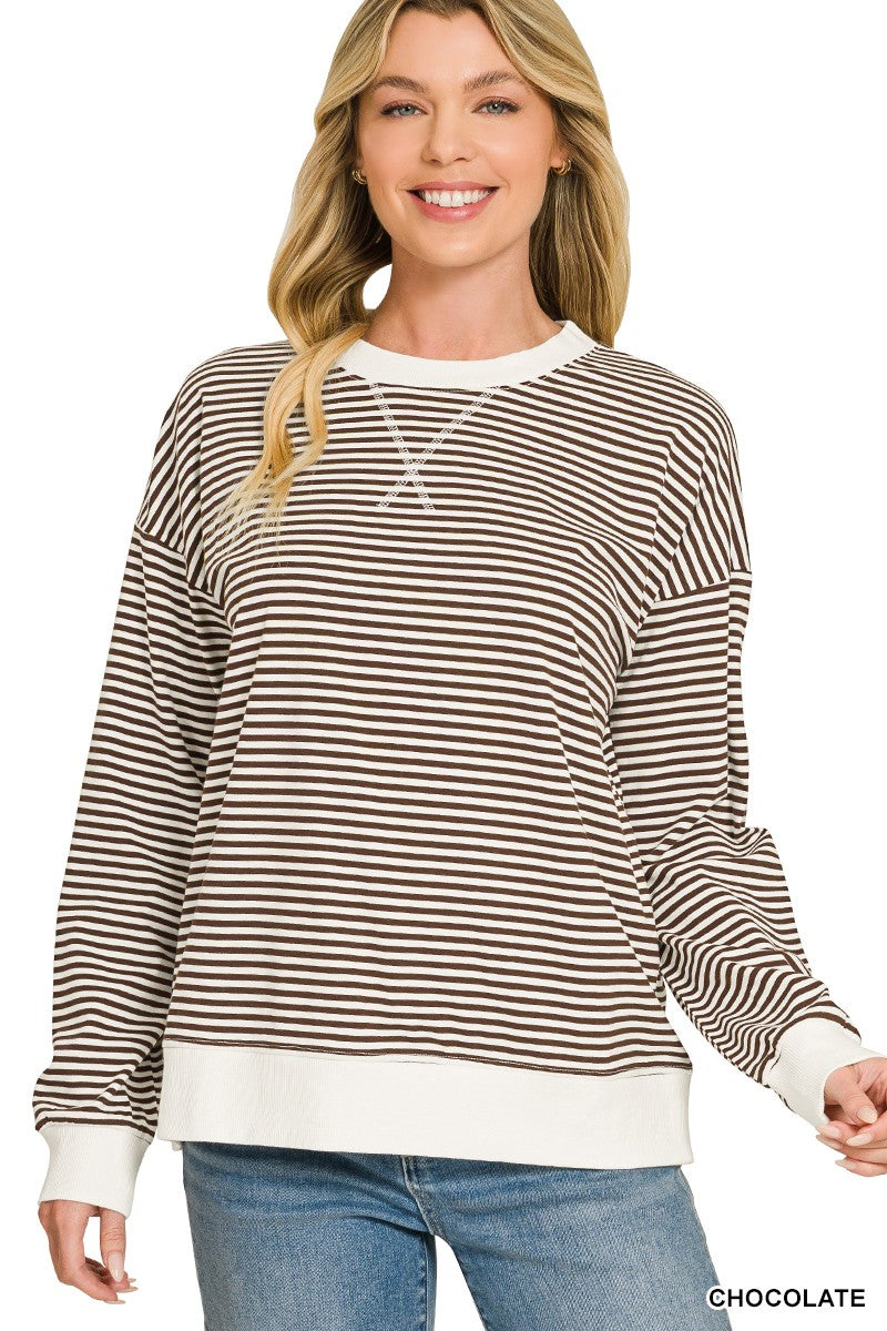 Striped Rib Banded Pullover by Zenana in taupe with ribbed knit fabric and relaxed fit