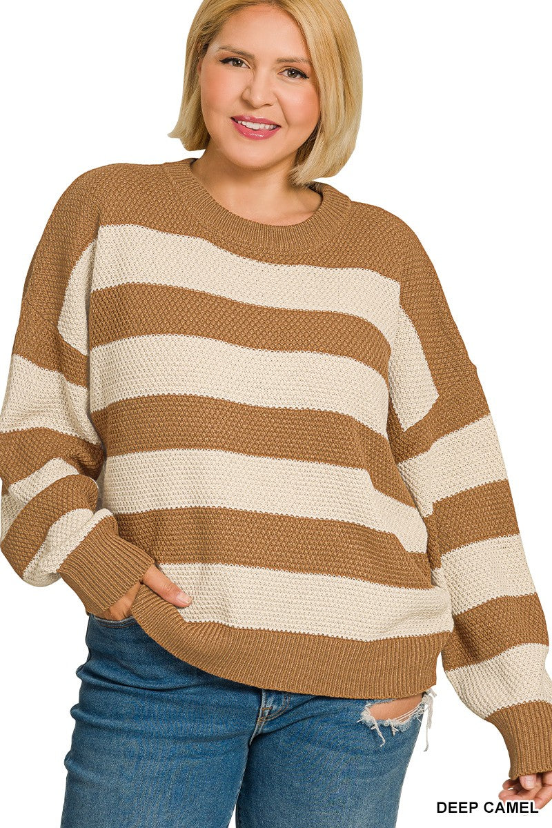 Curvy Striped Drop Sweater By Zenana