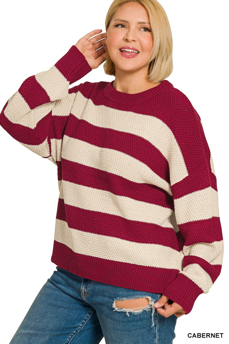 Curvy Striped Drop Sweater By Zenana
