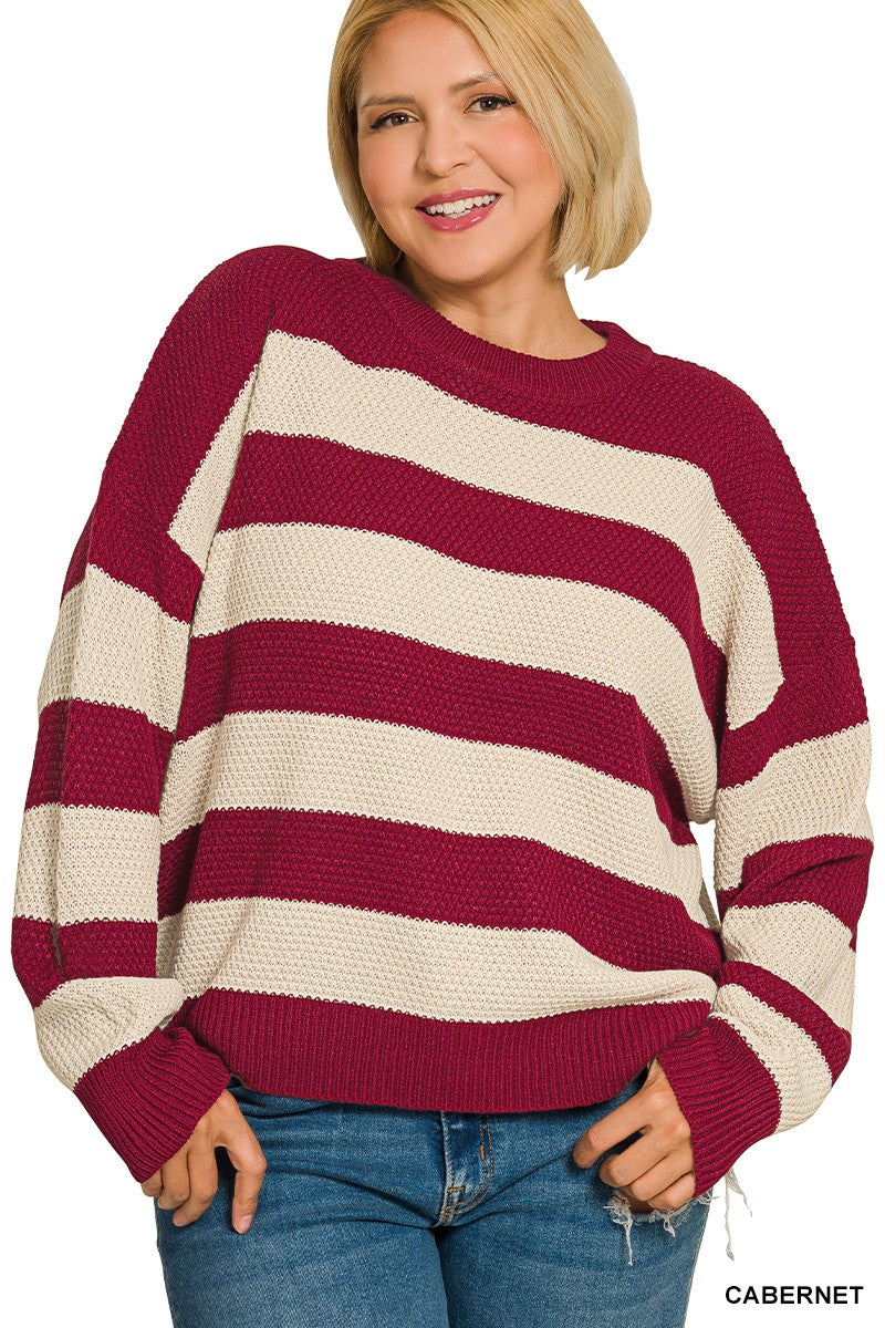 Plus size women’s cabernet burgundy and cream striped long sleeve knit sweater with crew neckline and relaxed fit.