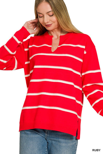 Viscose Split Neck Striped Sweater