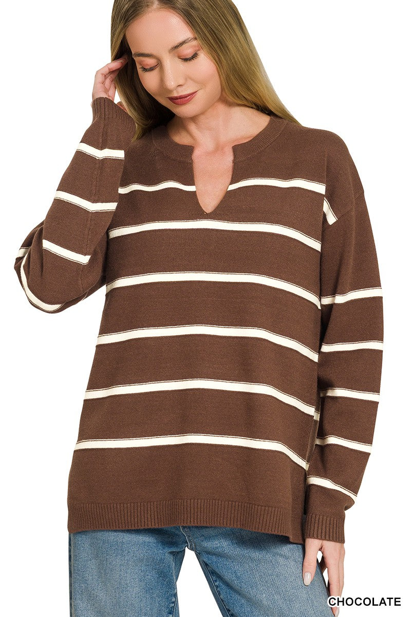 Viscose Split Neck Striped Sweater