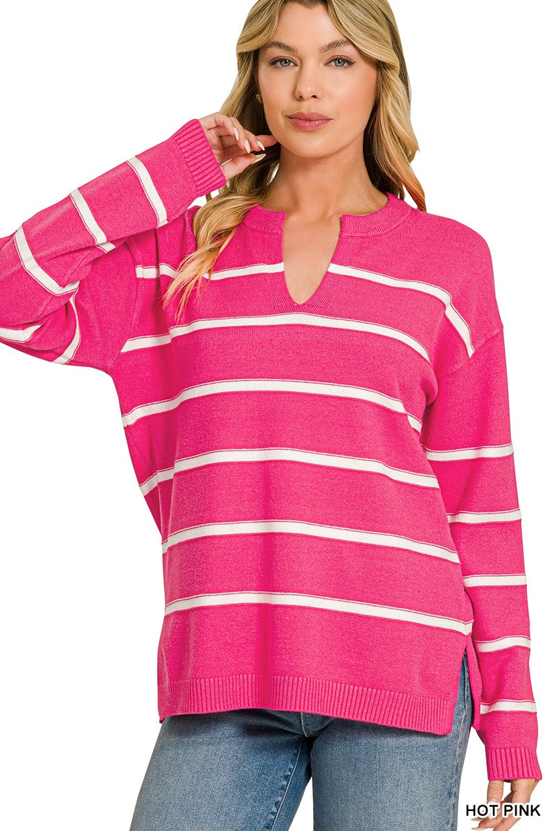 Viscose Split Neck Striped Sweater
