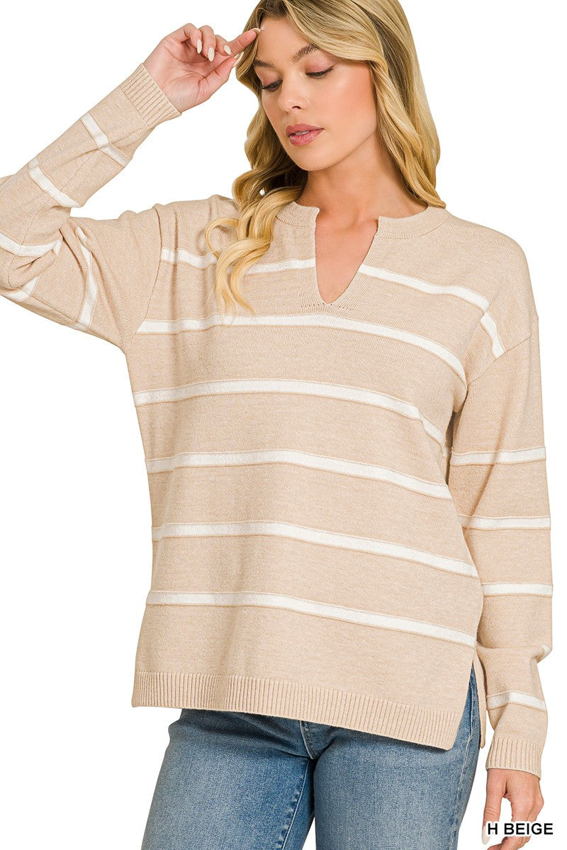 Viscose Split Neck Striped Sweater