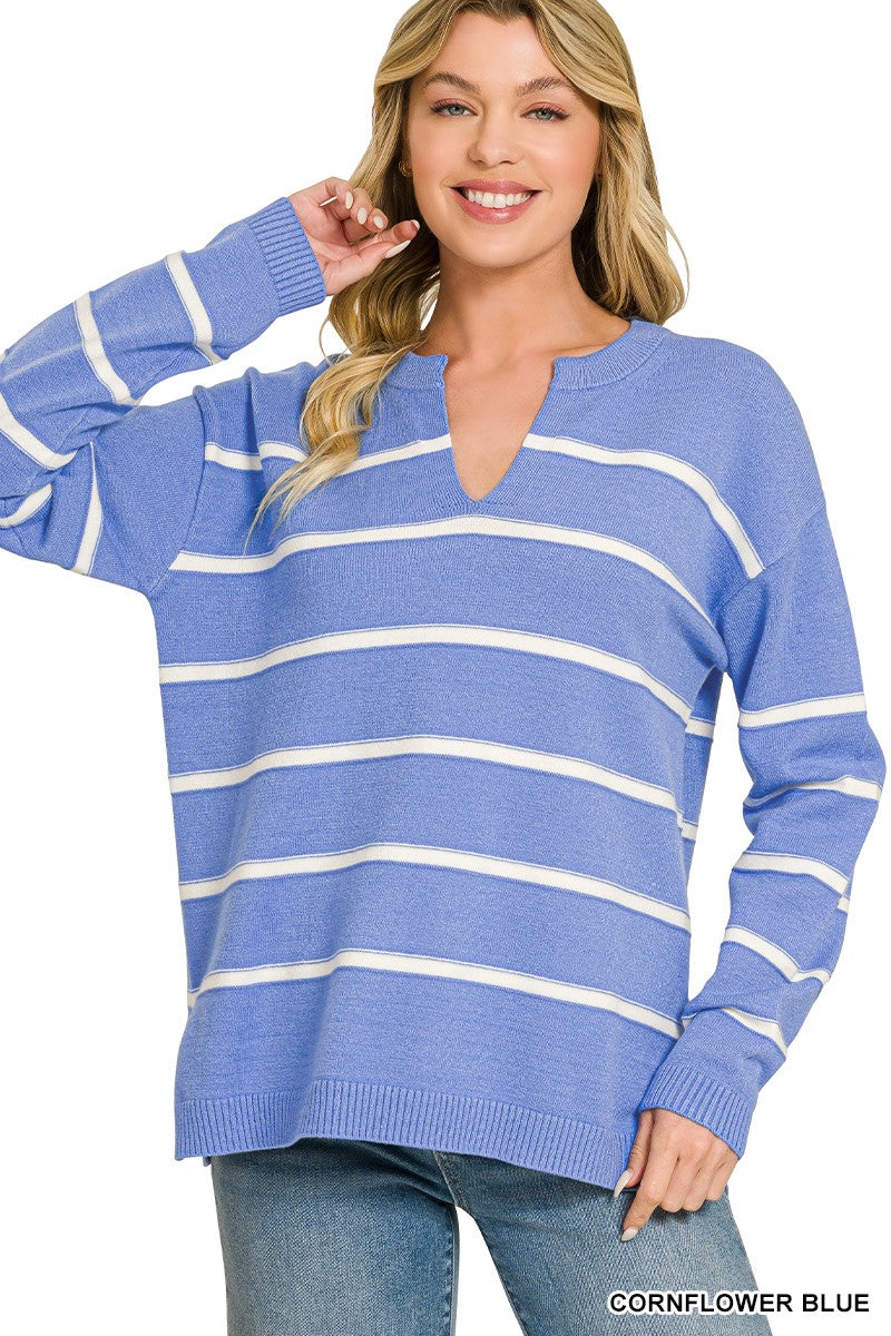 Viscose Split Neck Striped Sweater