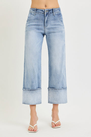 Risen High Rise Crop Wide Jeans With Plaid Cuffs 21772