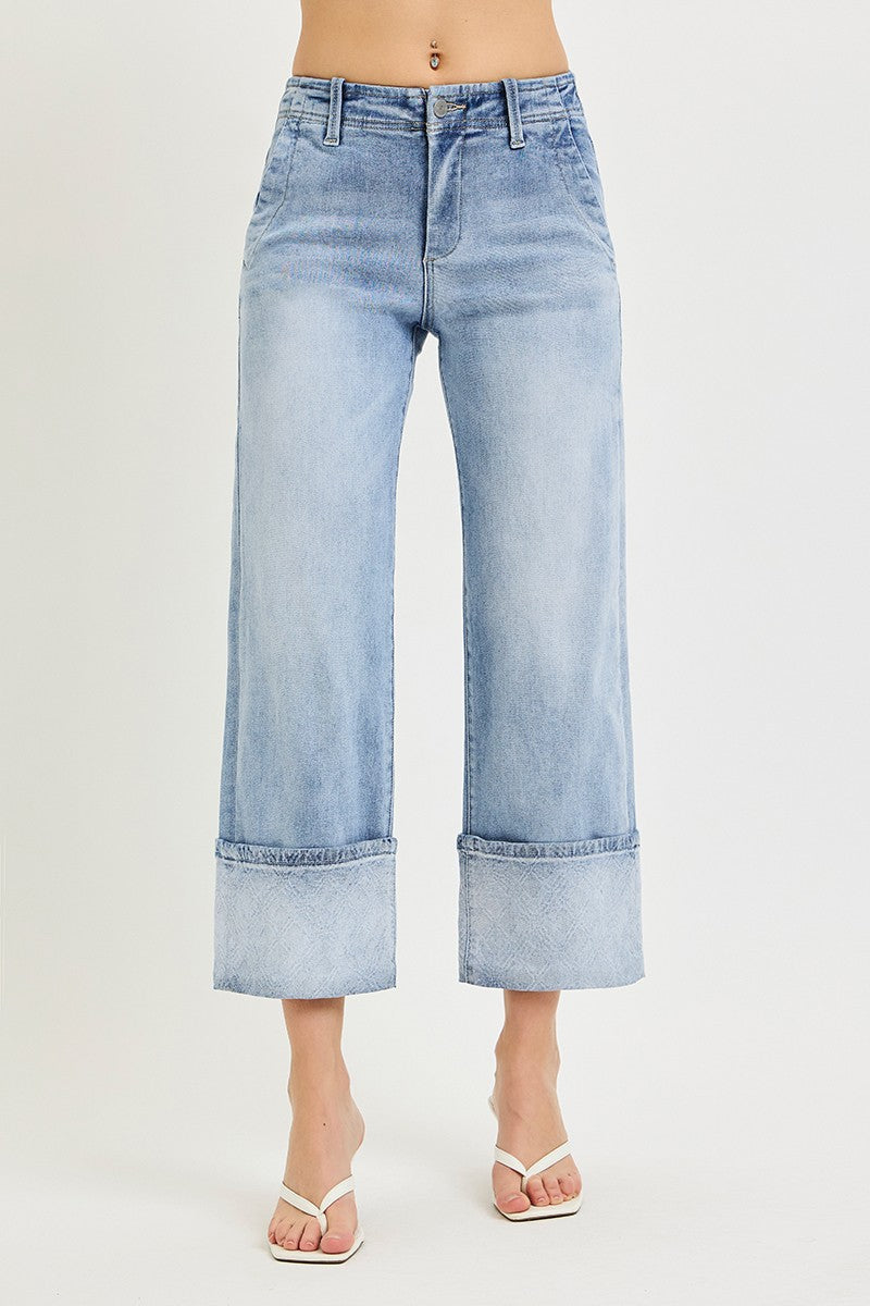Risen High Rise Crop Wide Jeans With Plaid Cuffs 21772