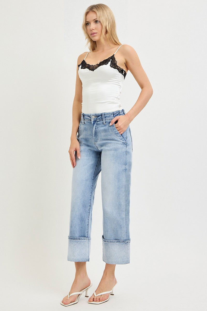 Risen High Rise Crop Wide Jeans With Plaid Cuffs 21772