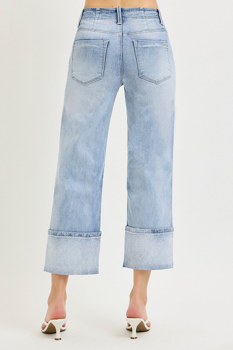 Risen High Rise Crop Wide Jeans With Plaid Cuffs 21772