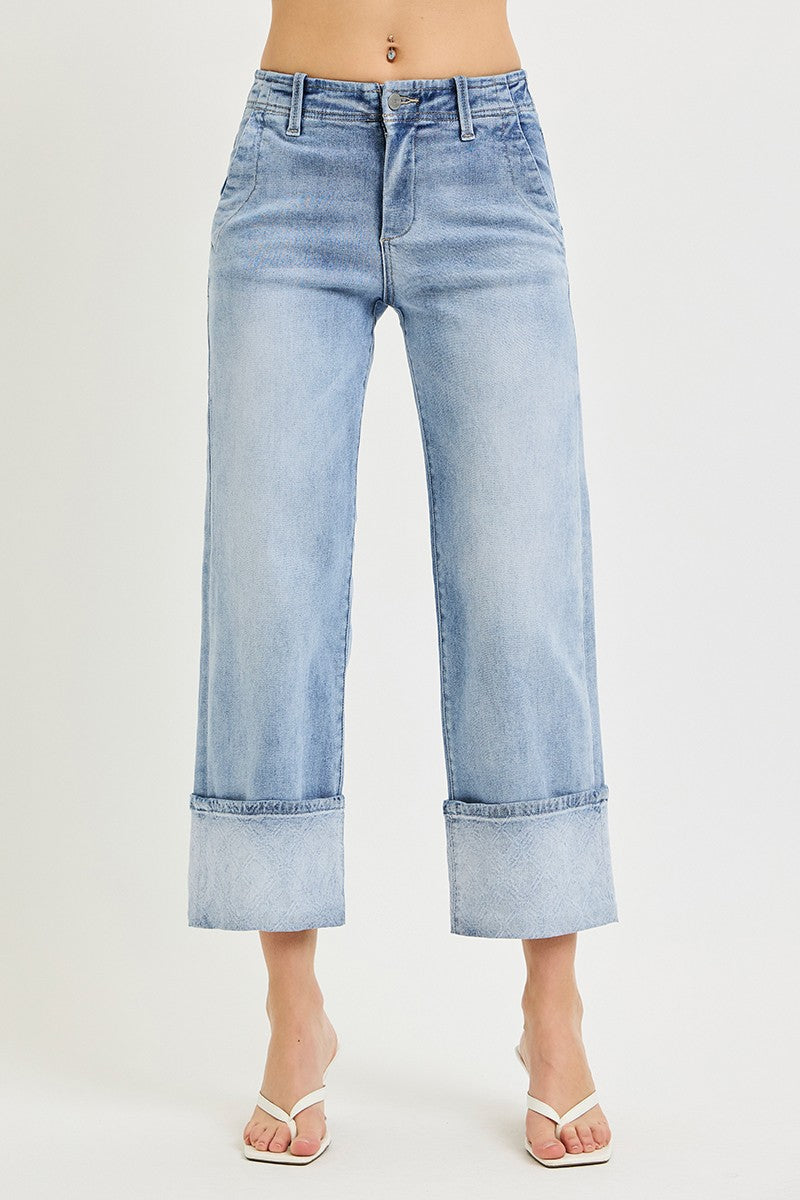 Risen High Rise Crop Wide Jeans With Plaid Cuffs 21772