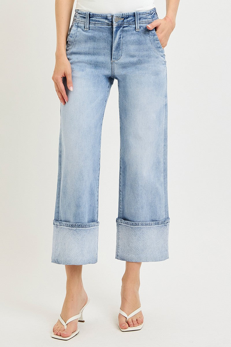 Risen High Rise Crop Wide Jeans With Plaid Cuffs 21772