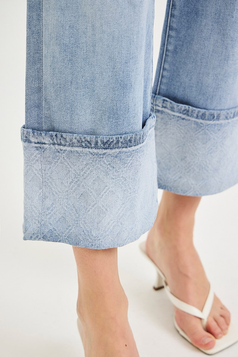 Risen High Rise Crop Wide Jeans With Plaid Cuffs 21772