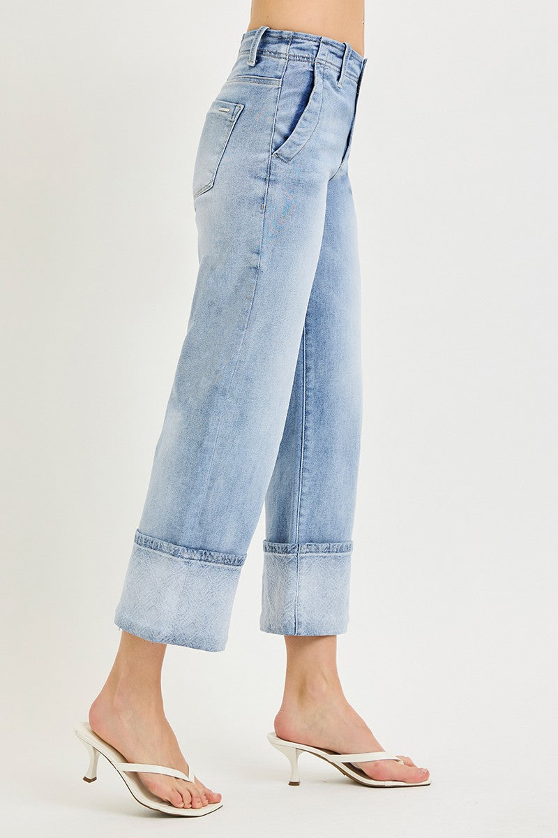 Risen High Rise Crop Wide Jeans With Plaid Cuffs 21772