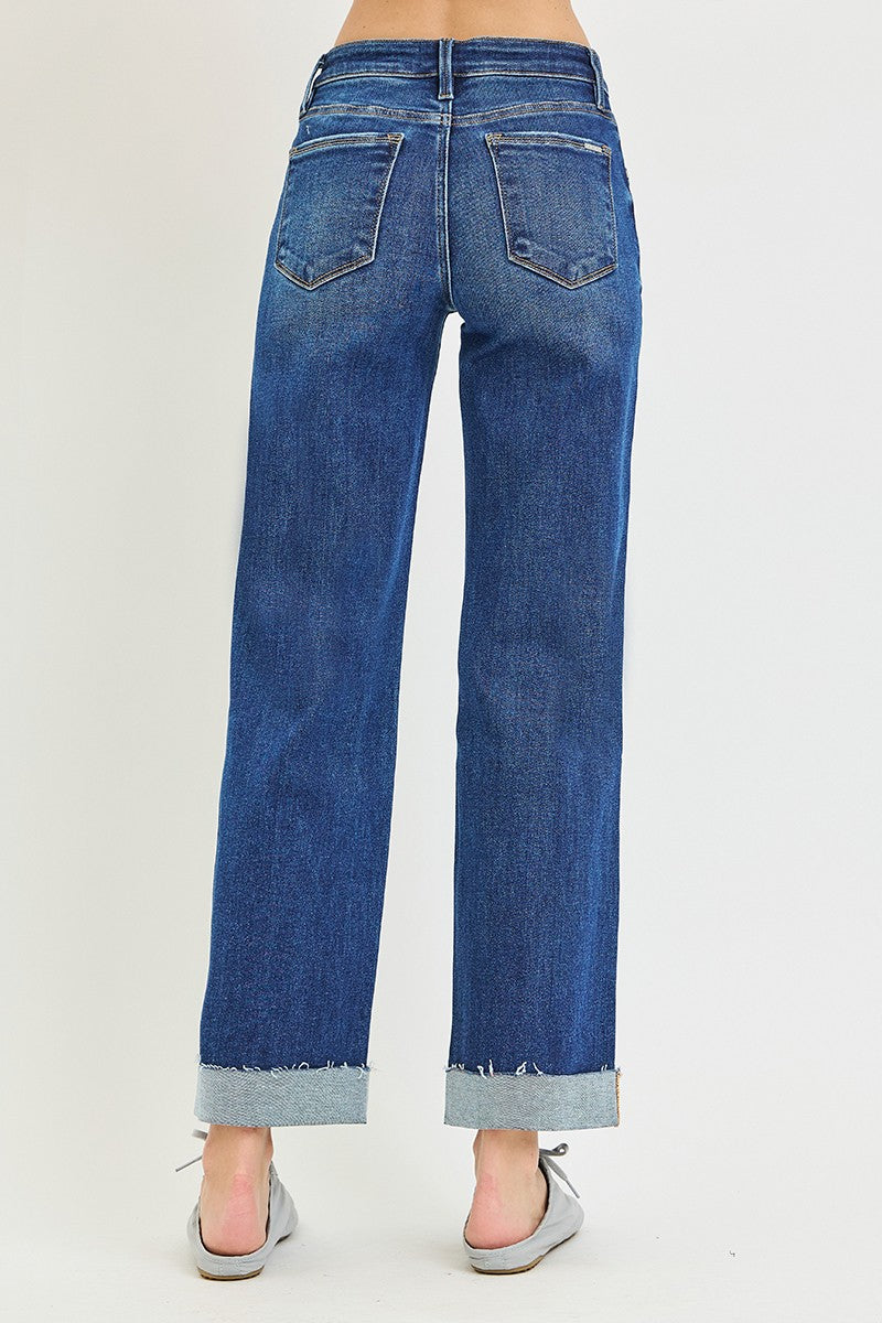Risen Mid Rise Ankle Straight Cuffed Hem Jeans 21978