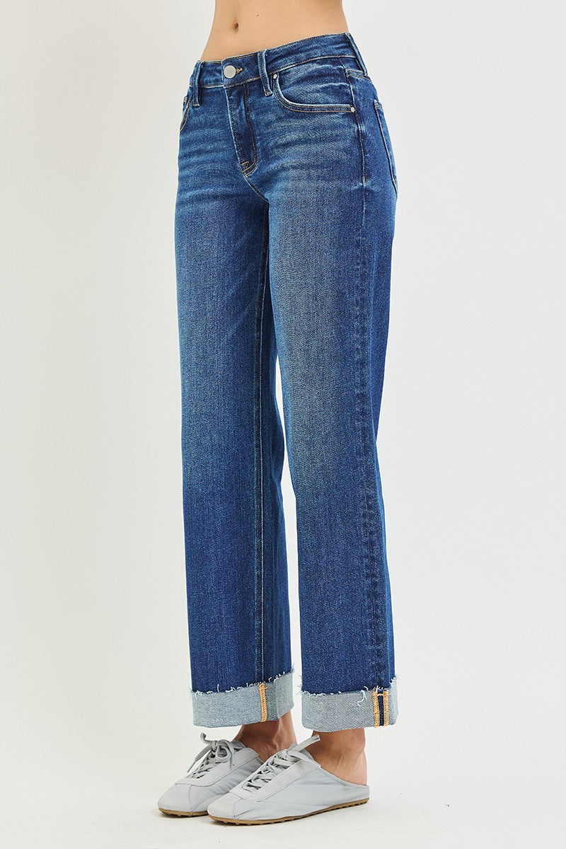 Risen Mid Rise Ankle Straight Cuffed Hem Jeans 21978