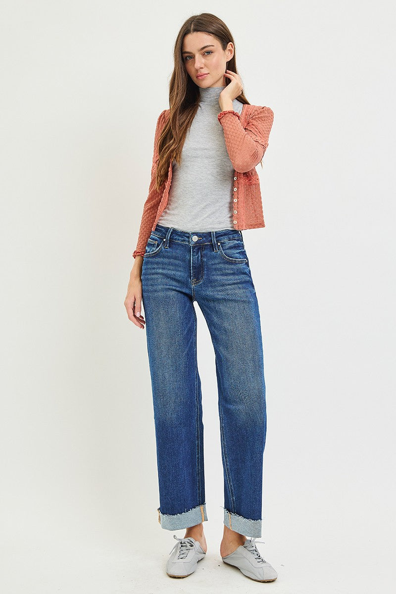 Risen Mid Rise Ankle Straight Cuffed Hem Jeans 21978
